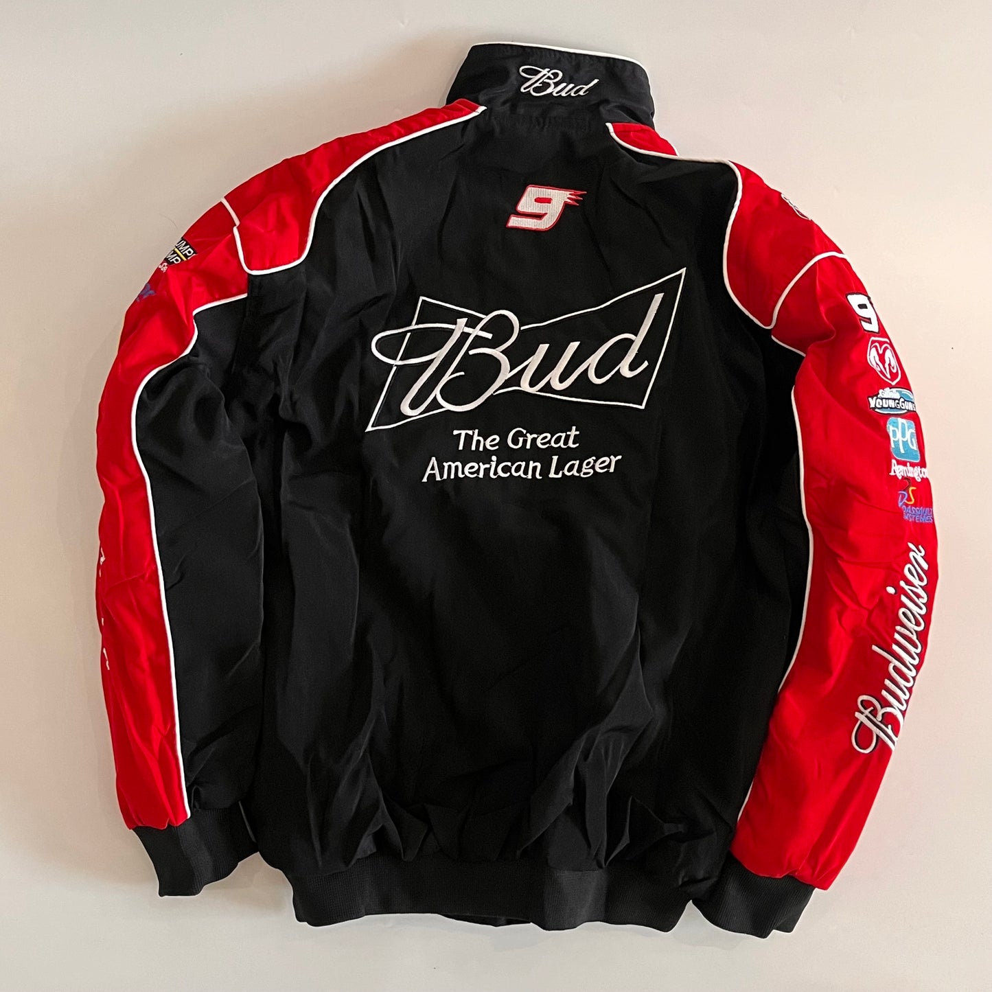 Budweiser Racing Jacket – Black & Red NASCAR Embroidered Bomber